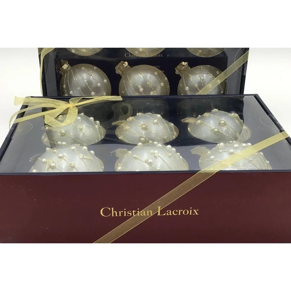 Christian Lacroix Set of 12 Glass Christmas Ornaments Frosted White Gold Pearl